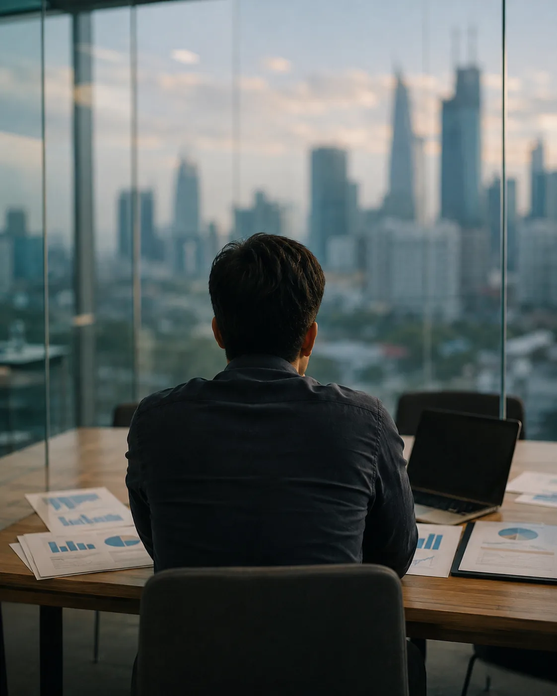 Glass meeting room with a city skyline, no people visible