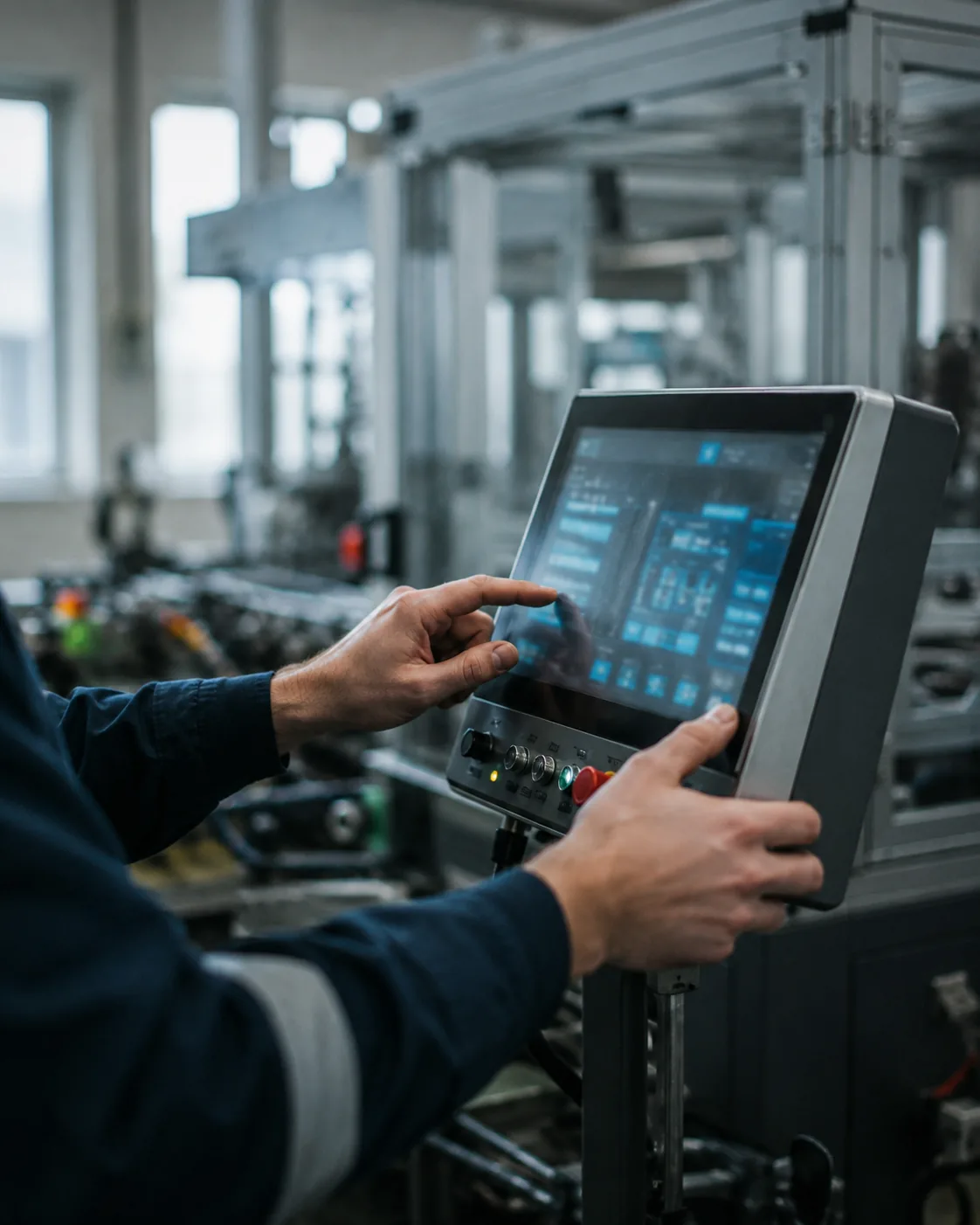 Hands operating an industrial control panel