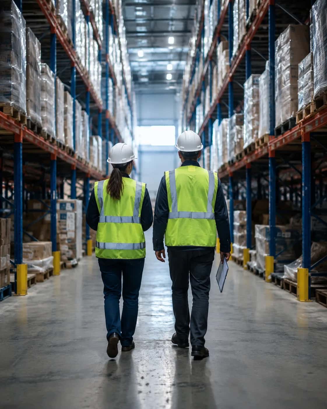 Warehouse aisle with two workers in safety vests, seen from behind
