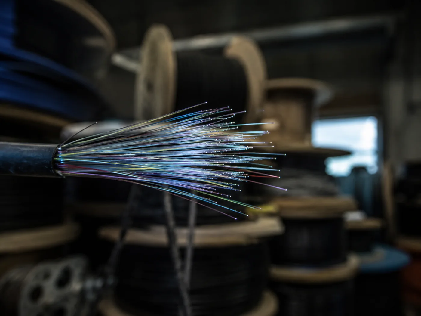 Fiber optic strands fanning out from a cable