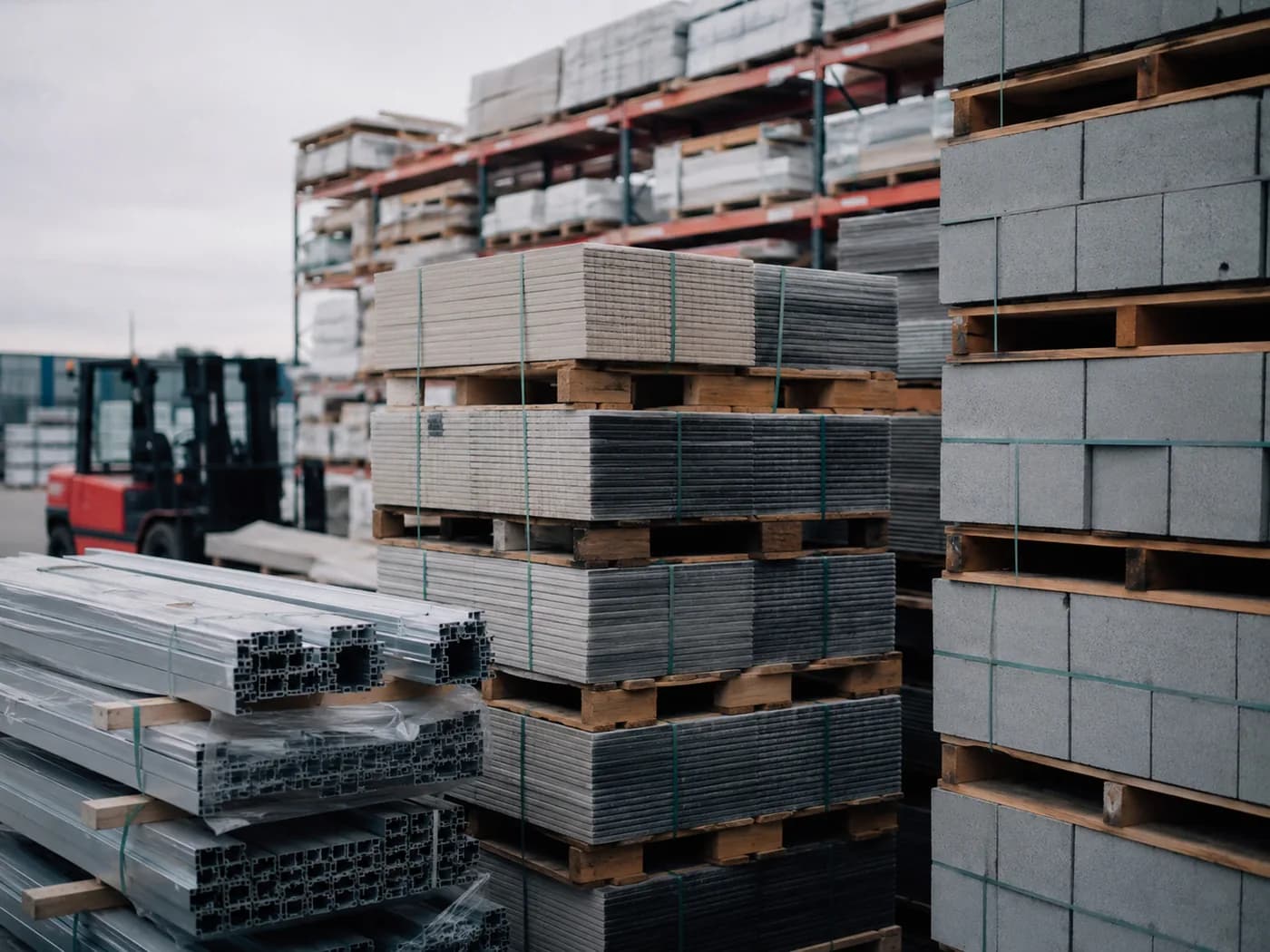 Palletized building materials in a supply yard