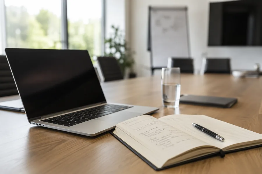 Laptop and notebook on a conference table during a strategy session