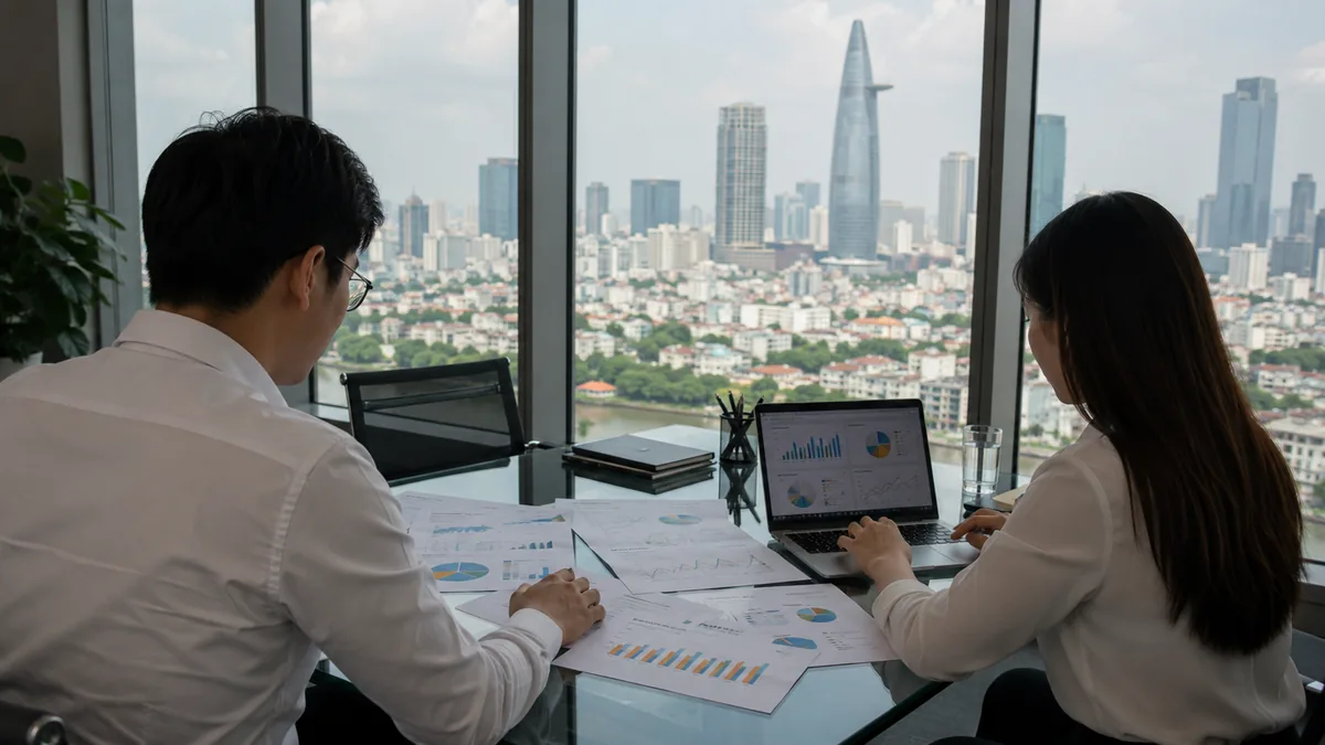 Consultants reviewing charts in a meeting room overlooking Ho Chi Minh City