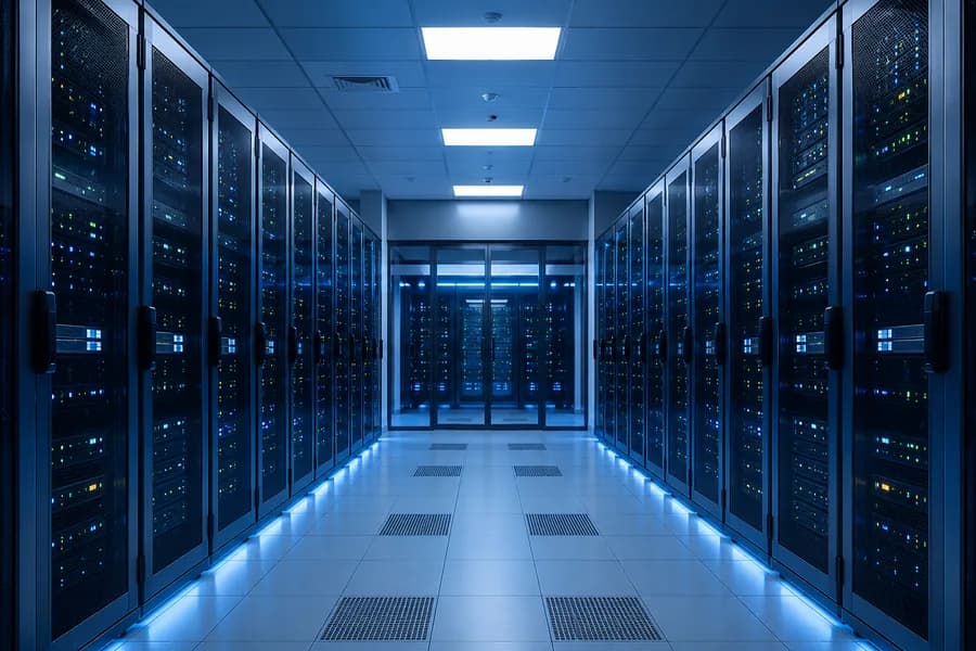 Server racks in a data room with status lights