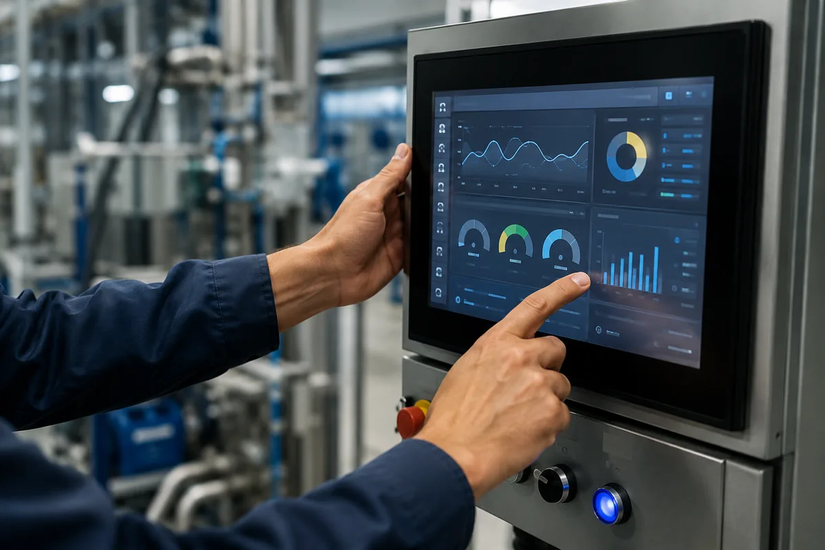 Technician working at an industrial control panel with live dashboards