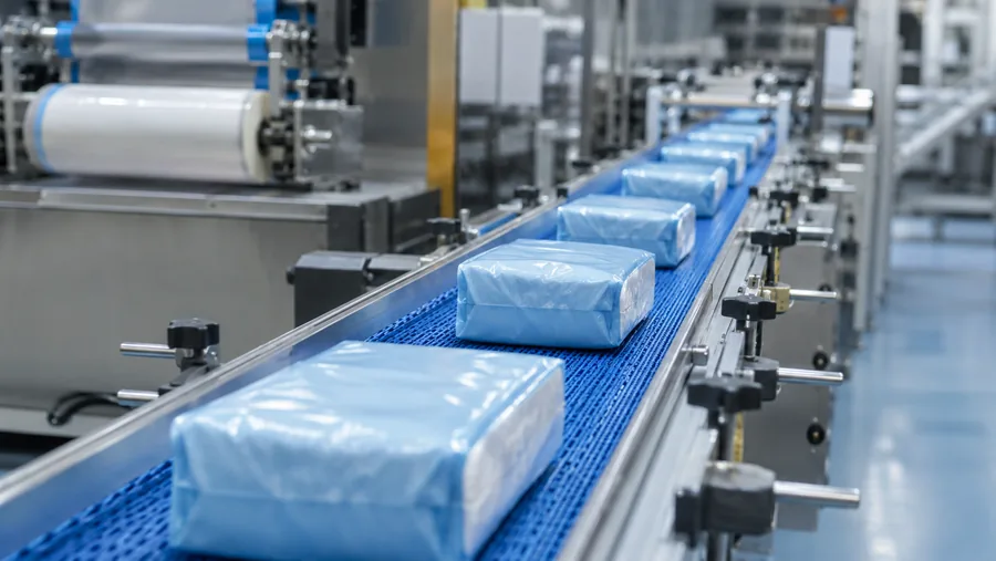 Finished products moving along a packaging line