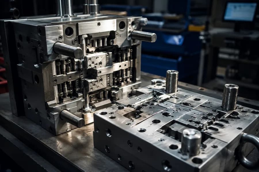 Injection-molding tooling on a factory workbench