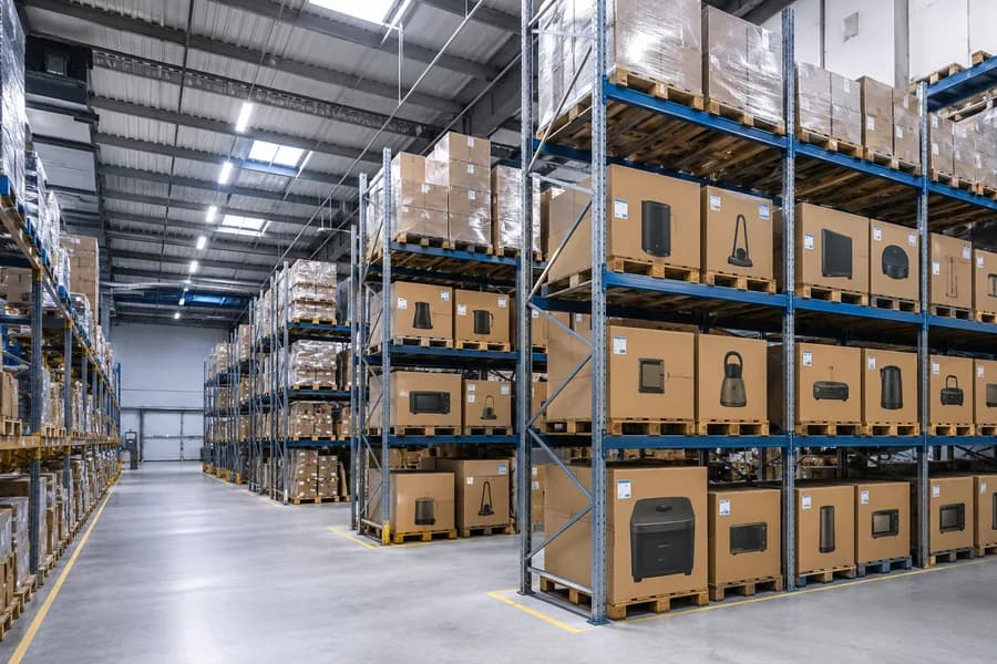 Shelves of boxed retail products ready for dispatch