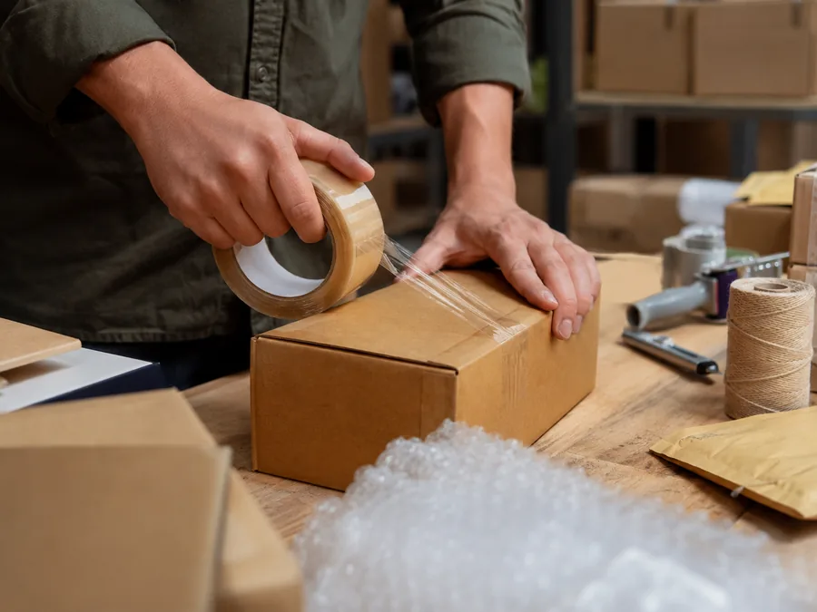 Parcels being prepared for shipment on a packing table