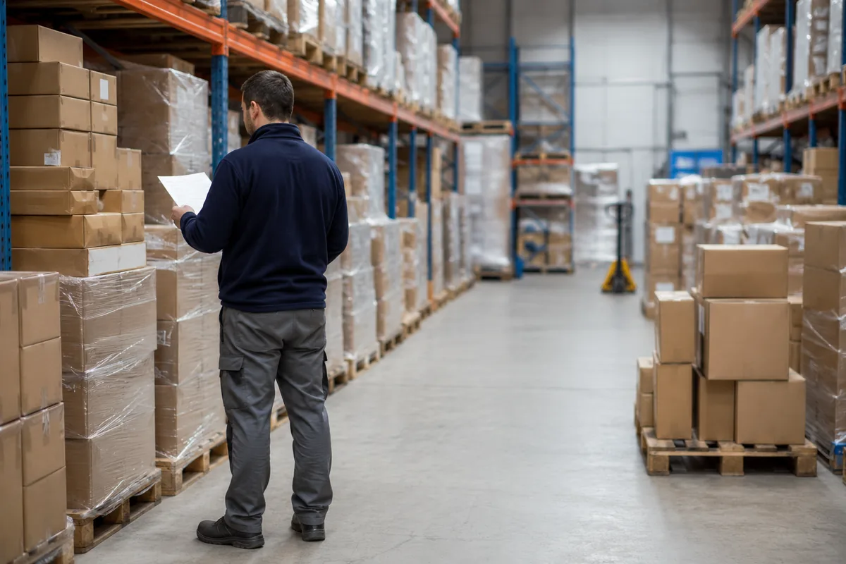 Warehouse worker checking packaged products against an order list