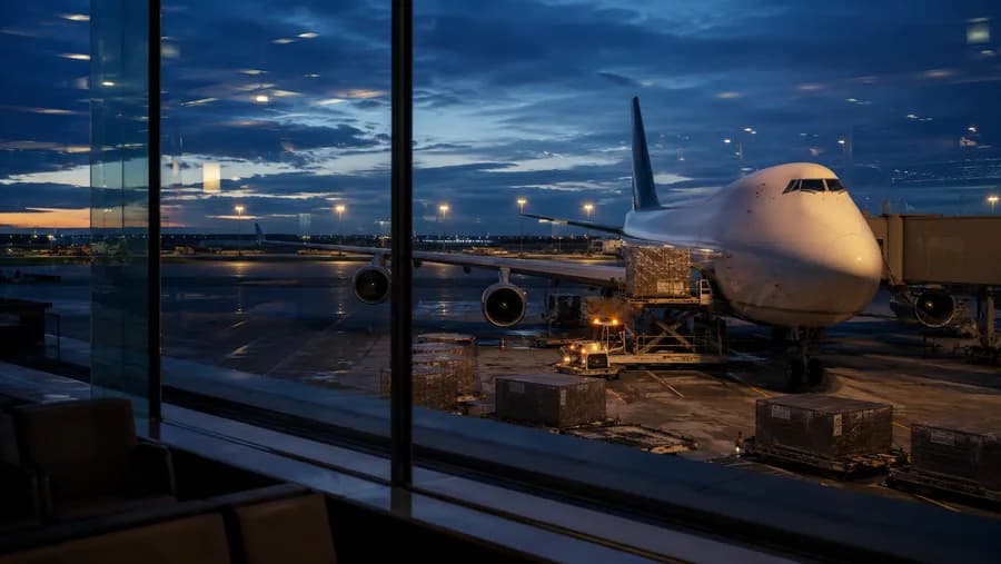 Cargo plane on the tarmac at dusk, seen through an airport window