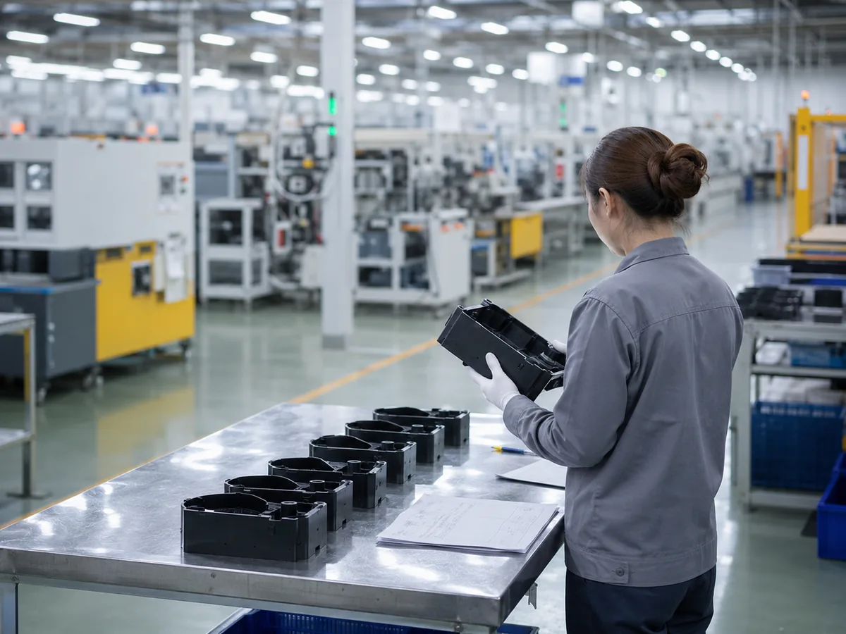 Inspector checking product quality on a Vietnamese factory production line