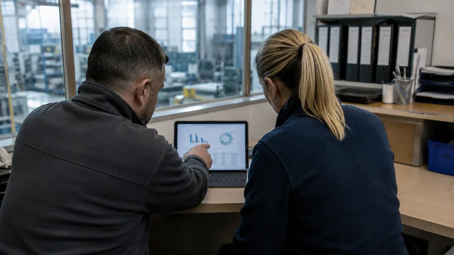Two colleagues reviewing a supplier report at a factory office desk