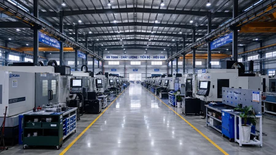 Rows of industrial machinery in a Vietnamese manufacturing hall