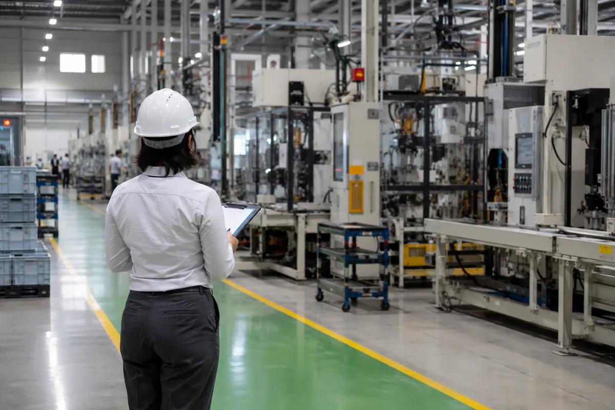 Auditor reviewing documents on a factory floor