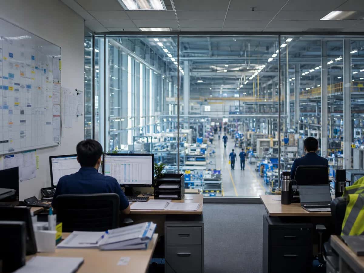 Operations office overlooking an active Vietnamese factory floor through a glass wall
