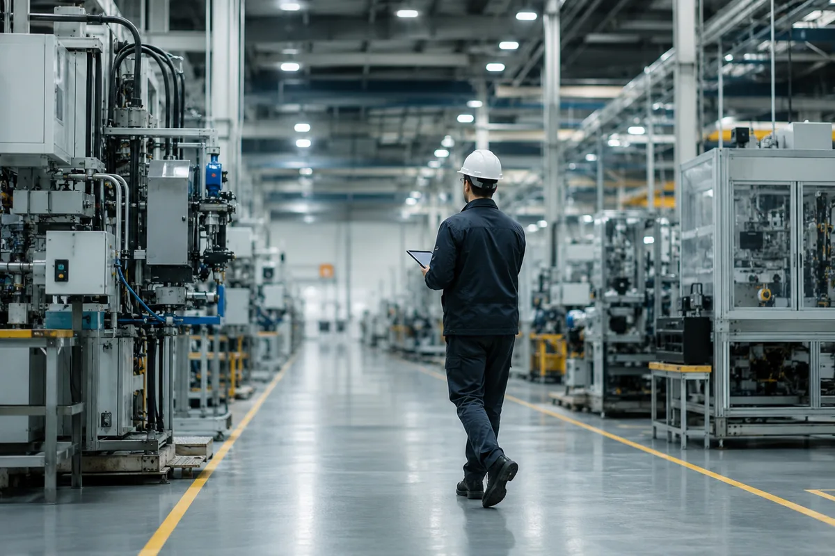 Quality auditor walking a factory aisle with a tablet, checking equipment against a checklist